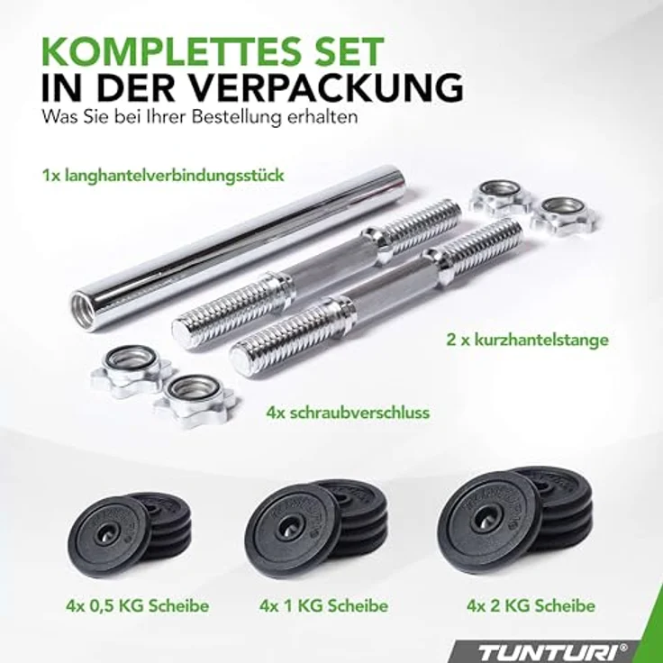 Tunturi Langhantel und Kurzhanteln in 1 - Gusseisen - Set 20 kg - Verstellbare Hantel Set - rutschfester Griff, schwarz – Bild 2
