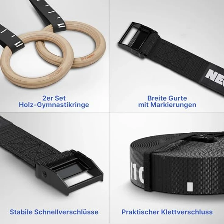 NEOLYMP Trainingsstation Calisthenics Set – Premium Klimmzugstange, Turnringe aus Birkenholz, Resistance Bands – Platzsparendes Home Gym Komplettset für Eigengewichtstraining – Bild 6