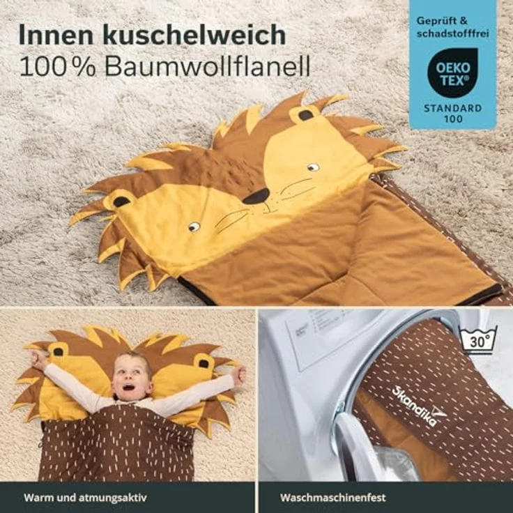 SKANDIKA Kinderschlafsack Soti, Camping Schlafsack für Kinder bis 150 cm, buntes Design Löwe, Baumwolle, maschinenwaschbar, Komfort-Temperaturen 13 °C bis 3 °C – Bild 2