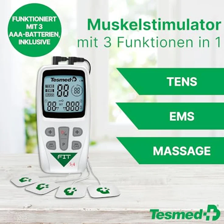 TESMED Fit 5.4, Muskel Elektrostimulator für EMS, TENS und Massage, 22 Programme, 6 anpassbare, schwarz – Bild 2