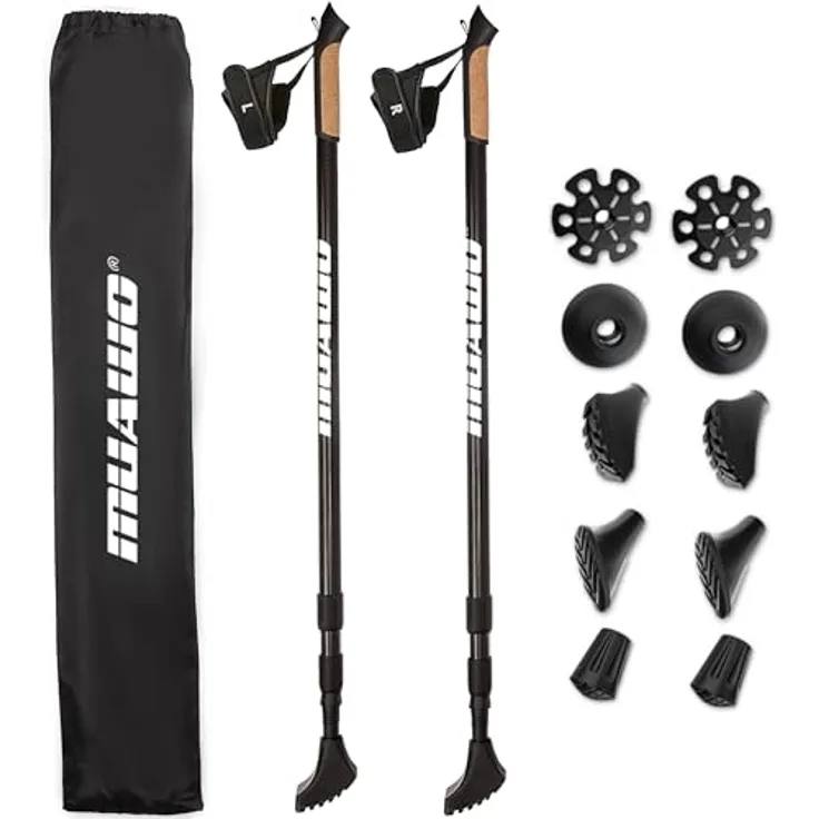 Muawo Premium Nordic Walking Stöcke, ultraleichte 190g, verstellbar 64-135cm Teleskopstange, 100% Carbon mit Anti-Schock-Feder, inkl. 3 Aufsätzen und 2 Gummitellern