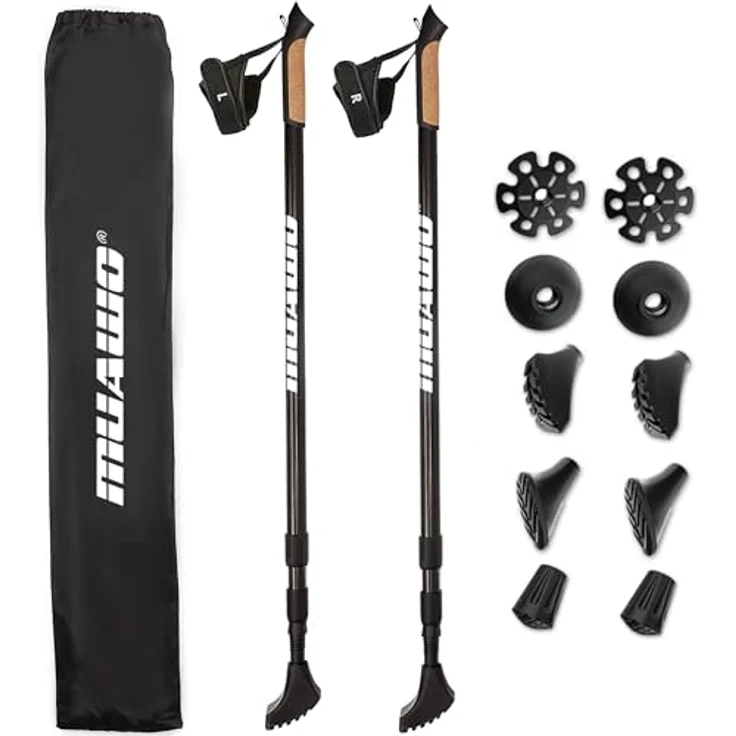 Muawo Premium Nordic Walking Stöcke, ultraleichte 190g, verstellbar 64-135cm Teleskopstange, 100% Carbon mit Anti-Schock-Feder, inkl. 3 Aufsätzen und 2 Gummitellern – Bild 1