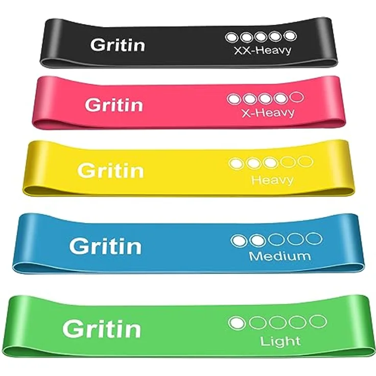 Gritin Fitnessbänder [5er Set] Widerstandsbänder mit 5 Stufen, 100% Latex, inklusive deutscher Übungsanleitung & Tragebeutel, ideal für Muskelaufbau, Yoga und Pilates
