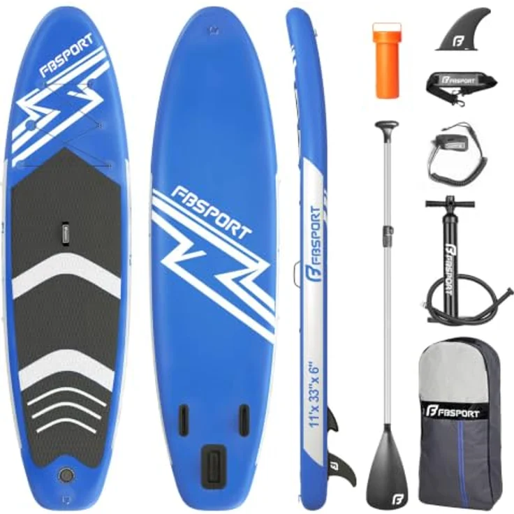 FBSPORT Aufblasbares SUP Board, Stand Up Paddling Board, 15CM Dick mit verstellbarem Aluminium-Paddel und Pumpe, Blau – Bild 1