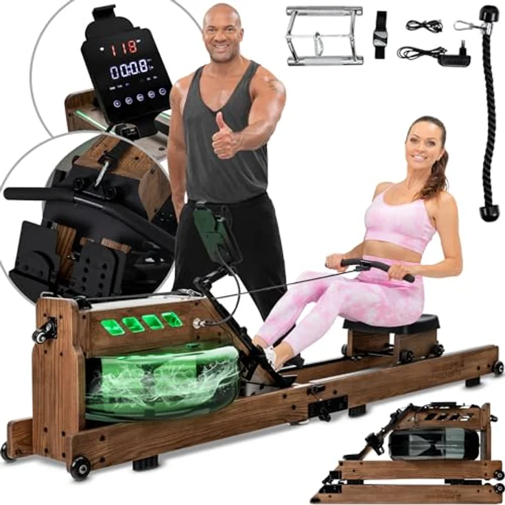 Miweba Sports Rudergerät für Zuhause MR700 Pro | Rudergerät Wasser - Klappbar - Kinomap App - Bluetooth - LED Wassertank - Esche dunkel – Bild 1
