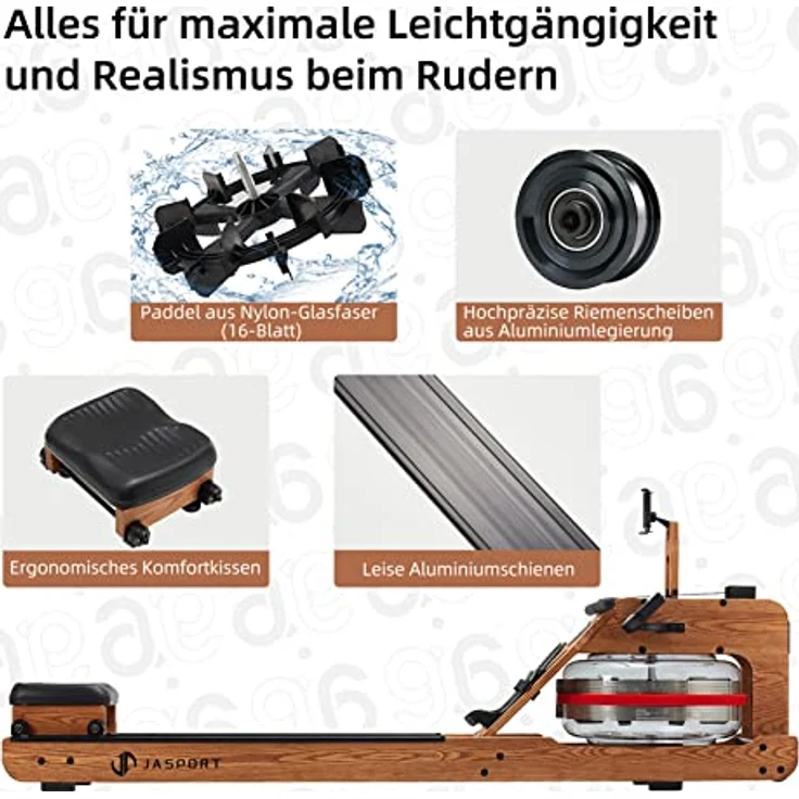 JASPORT R1 | Wasser-Rudergerät für zuhause aus Massiveholz (Esche) | Rudermaschine mit Trainingscomputer (Kinomap kompatibel) & Tablethalterung (Natur) - Preisvergleich – Bild 4