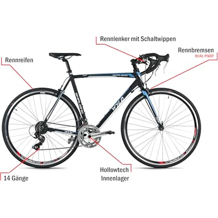 WYLD Rennrad Whirlwind 50, 28 Zoll, 14 Gänge, Aluminium-Rahmen, Schwarz-Rot, 58 cm – Bild 4