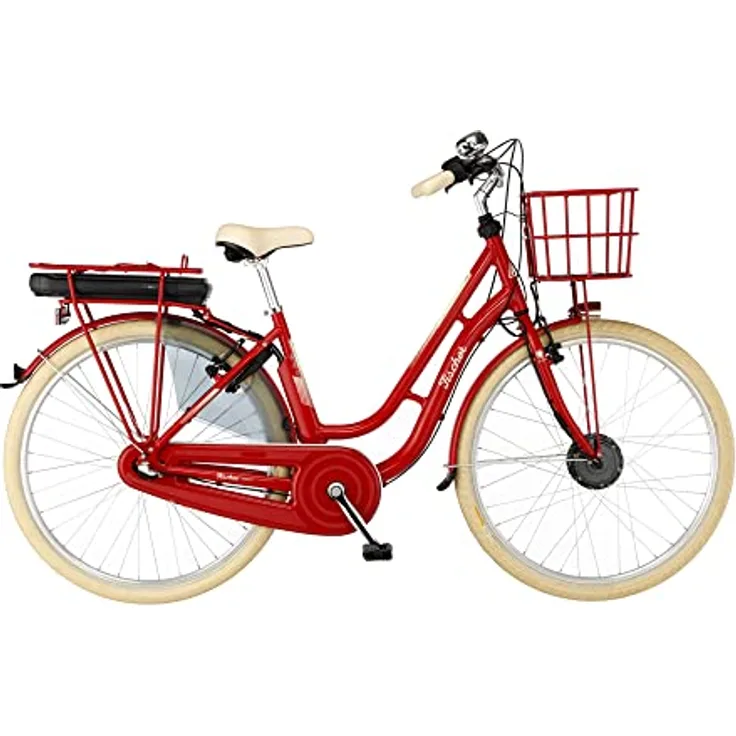 Fischer E-Bike City CITA RETRO 2.0, Elektrofahrrad für Damen und Herren, RH 48 cm, Frontmotor 32 Nm, 36 V Akku, rot glänzend