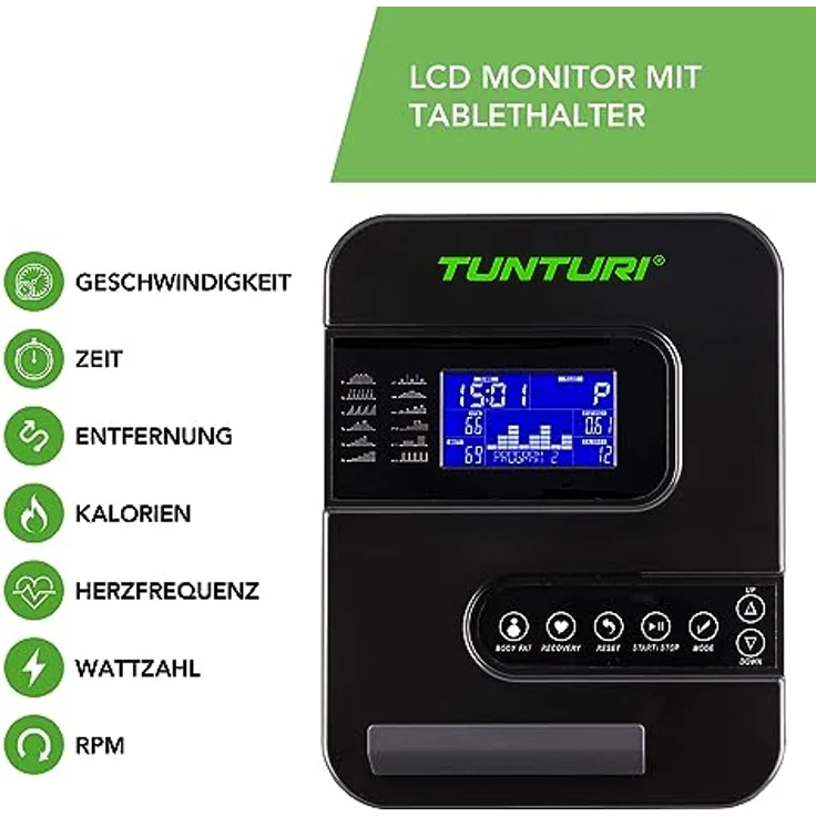 Tunturi Cardio Fit E30 Ergometer Heimtrainer - Fahrradtrainer - Fitnessfahrrad -Fahrradergometer - Hometrainer mit Handpulssensoren + Tablethalterung - Magnetbremssystem und LCD-Bildschirmanzeige – Bild 5