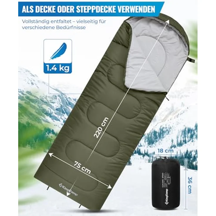 KingCamp Camping Sommerschlafsack für Kinder & Erwachsene, leicht und kompakt, komfortabler Schlafbereich bis -3°C, wasserabweisendes Polyester, 220x75 cm, Packmaß 36x18 cm, 1,4 kg – Bild 3