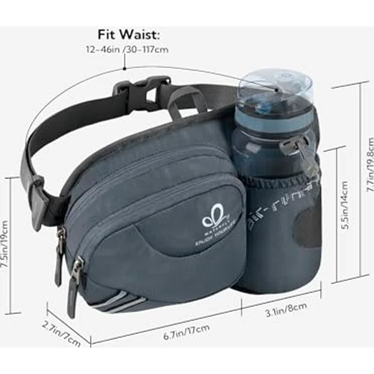 WATERFLY Gürteltasche Bauchtasche mit Flaschenhalter, atmungsaktive Sport Hüfttasche für Laufen, Radfahren und Wandern, Dunkelgrau – Bild 2