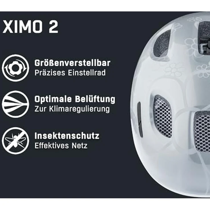 ALPINA Ximo, leichter und bruchfester Kinderfahrradhelm mit optionalem LED-Licht, Silver Flower Gloss, 47-51, 360°-Fitsystem, hohe Sichtbarkeit – Bild 2