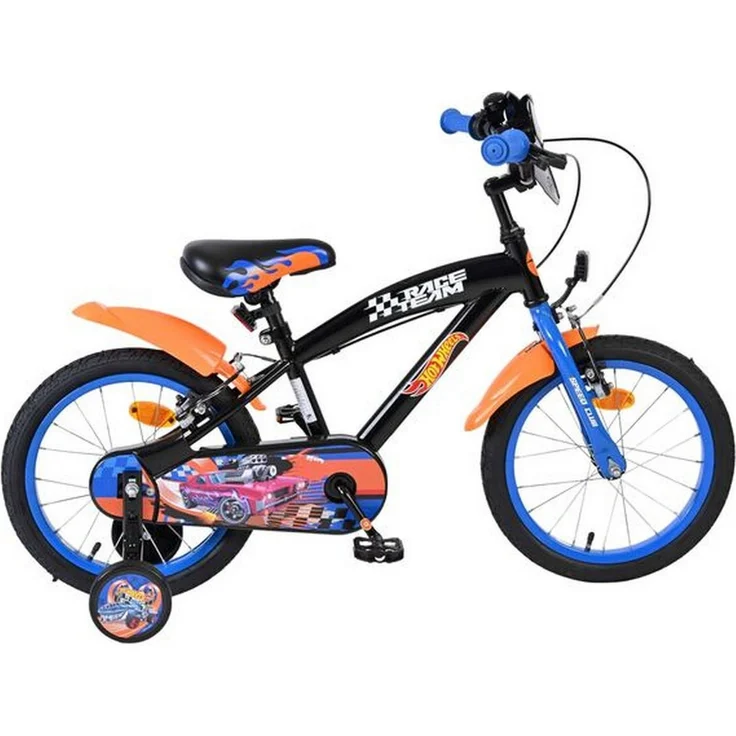 Volare Hot Wheels Kinderfahrrad 16 Zoll, Jungenfahrrad in Schwarz Orange Blau mit 2 Handbremsen, abnehmbaren Stützrädern und höhenverstellbarem Sattel