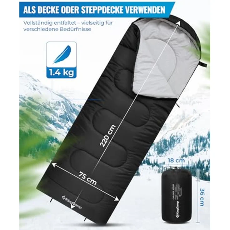 KingCamp Schlafsack Deckenschlafsack 3-4 Jahreszeiten für Erwachsene und Kinder, ultraleicht, warm, schwarz, 220×75 cm – Bild 2