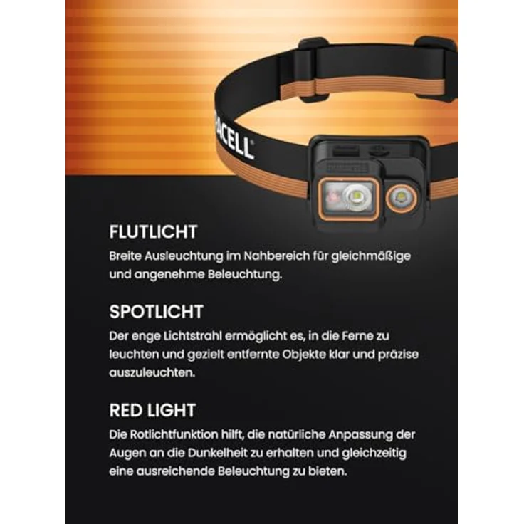 Duracell LED Stirnlampe DH700R Core, 700 Lumen, Digital-Fokus, bis 60 m Leuchtweite, Rotlichtfunktion, USB-C wiederaufladbar, IP54 spritzwassergeschützt – Bild 3