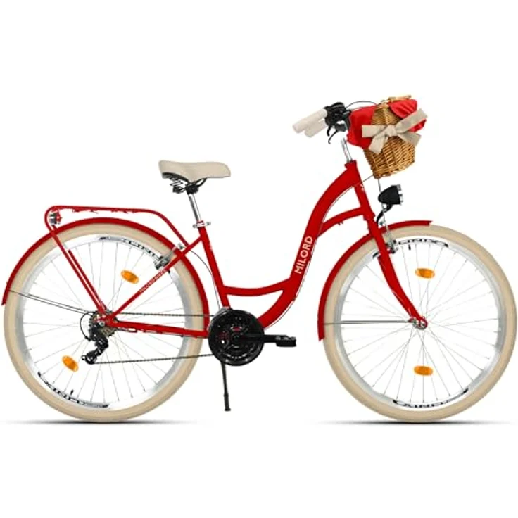 MILORD Damenfahrrad Citybike Komfort, 26 Zoll, 21-Gang, mit Weidenkorb, Rot – Bild 2
