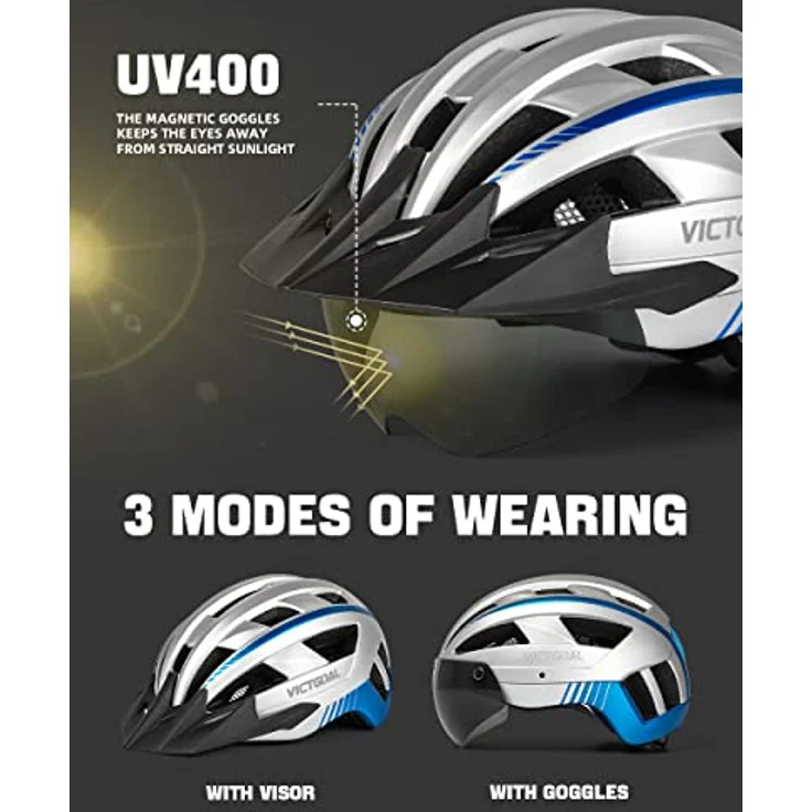 Victgoal VICTGOAL Fahrradhelm MTB, mit abnehmbarer magnetischer Schutzbrille, 21 Belüftungskanäle, atmungsaktiv, einstellbare Größe M (54-58cm), Silber – Bild 2