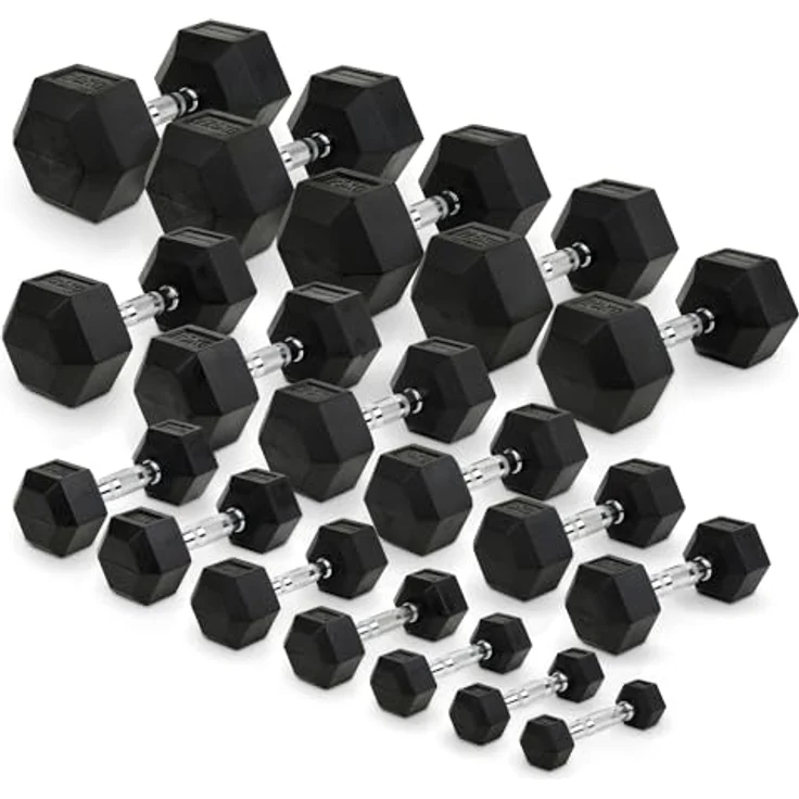 Sport-Thieme Gummierte Gusseisen Kurzhantel, Eckige Hexhantel mit verchromtem und gerändeltem Griff, 17 Gewichtsklassen 2-30 kg, Ø 28-32 mm – Bild 1