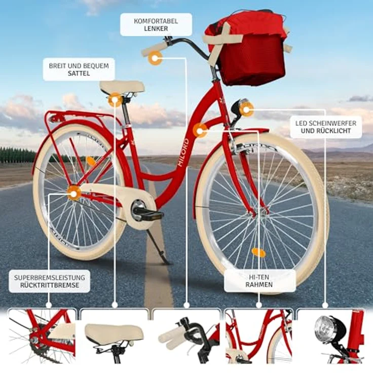 Milordbikes City-Fahrrad, Rot, 46 cm, leichtes Metall-Citybike mit Aluminiumfelgen und hinterem Träger für Freizeit und Fitness – Bild 2