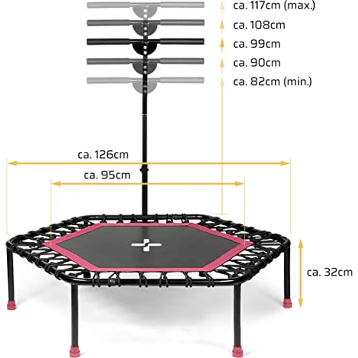 SportPlus I I Fitness Trampolin für zuhause, mit Haltestange (5-Fach höhenverstellbar), weiche Gummiseilfederung, sehr leise & bis 130 kg belastbar – Bild 2