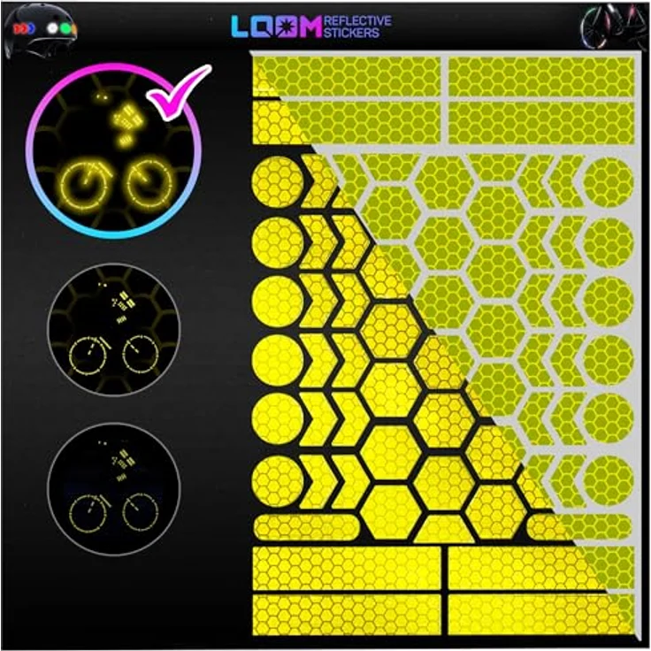 LOOM Fahrrad Reflektoren Aufkleber Set, 67 Stück in Brilliant Fluor Gelb-Grün, Wasserdicht, für Helm, Auto, Anhänger und Schulranzen – Bild 1