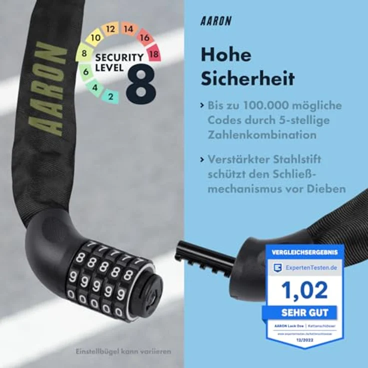 AARON Lock One Kettenschloss, Fahrradschloss mit 5-stelligem Zahlencode, gehärtetem Stahl und hoher Sicherheitsstufe, 100 cm, olive – Bild 4
