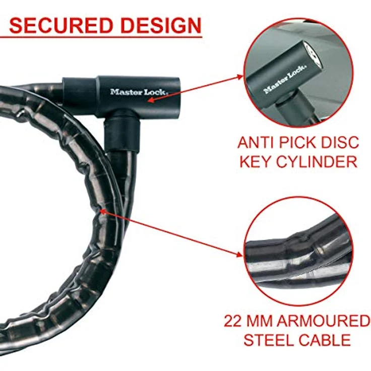 Master Lock PanzR, Veloschloss (120 cm) mit gepanzertem Kabel und Schlüsselschloss, hohe Sicherheit – Bild 2
