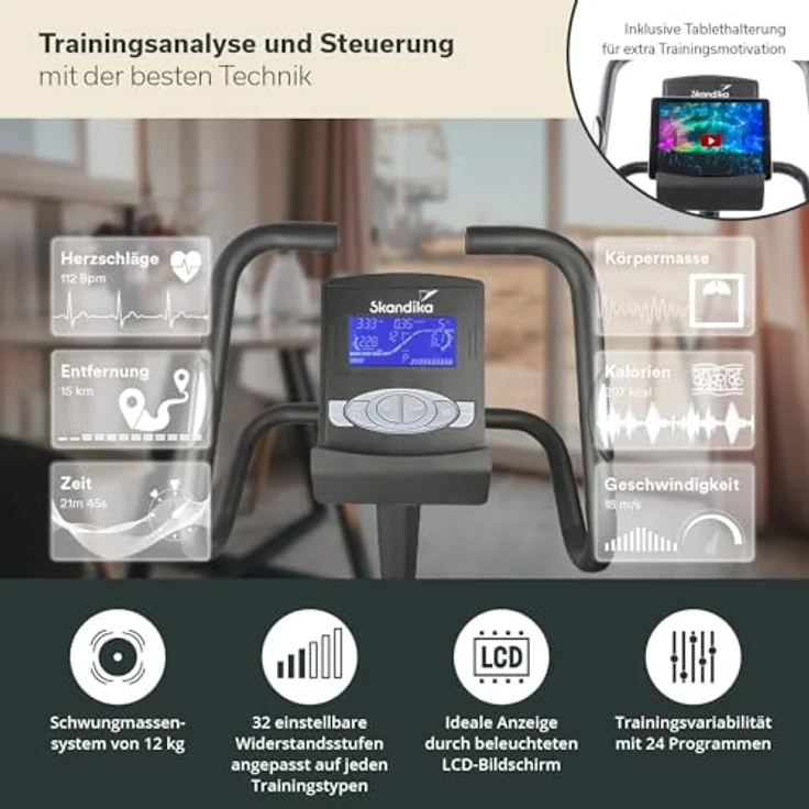 Skandika Ergometer Morpheus | Heimtrainer für Zuhause, 12 kg Schwungmassensystem, 32 Levels, 24 Programme, App Kompatibel mit Kinomap, Pulsgurt, Tablethalterung | Indoor Fahrrad bis 150 kg – Bild 3