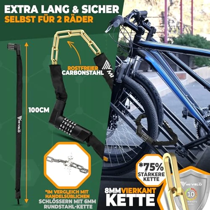 MIVELO Fahrradschloss Kettenschloss 100cm, 8mm gehärteter Stahl, Zahlenschloss mit 100.000 Kombinationen, hohe Sicherheit für E-Bike, MTB & Rennrad – Bild 3