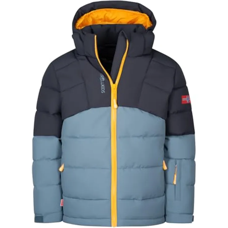 Trollkids Kid's Gryllefjord Jacket, wasserdichte Skijacke für Mädchen mit isolierender Füllung, abnehmbarer Kapuze, Blau, Größe 164