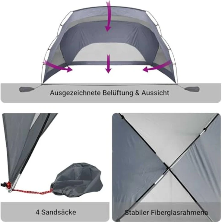 vidaXL Strandzelt und Strandmuschel, wasserdicht, grau, mit Netzgewebe und Tragetasche, 2,90 kg – Bild 4