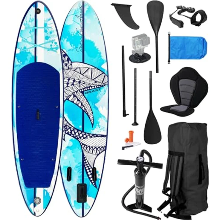 BRAST SUP Board Shark, Aufblasbares Stand-Up Paddle Set 320x81x15cm, 200 kg Tragkraft, inkl. 2in1 Paddel, Kajak-Sitz, Action-Cam-Halterung, 8 Designs, 5 Jahre Garantie – Bild 1