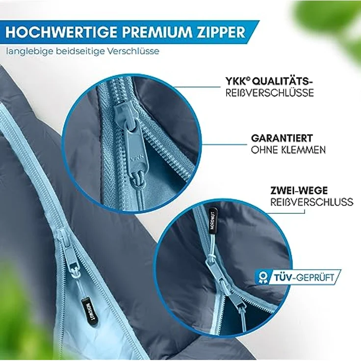NORDMUT® Schlafsack Ultraleicht – Mumienschlafsack für Sommer (100 GSM) und 4-Jahreszeiten (300 GSM), wasserfest, 900g, inkl. Kompressionsbeutel, Marine – Bild 4