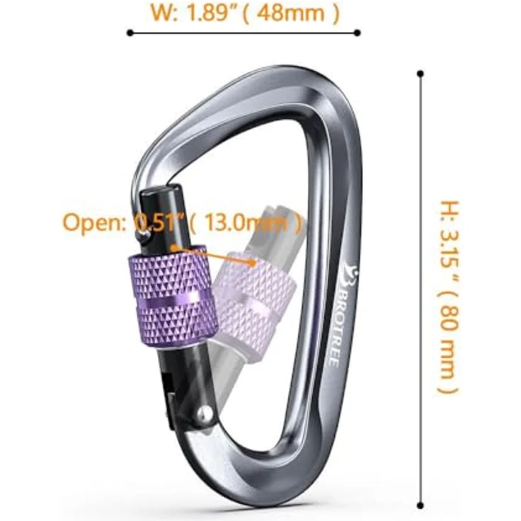 BROTREE Karabinerhaken 12KN Schraubverschluss, 1200kg belastbar aus rostfreiem Aluminiumlegierung, für Hängematten, Camping und Wandern – Bild 2