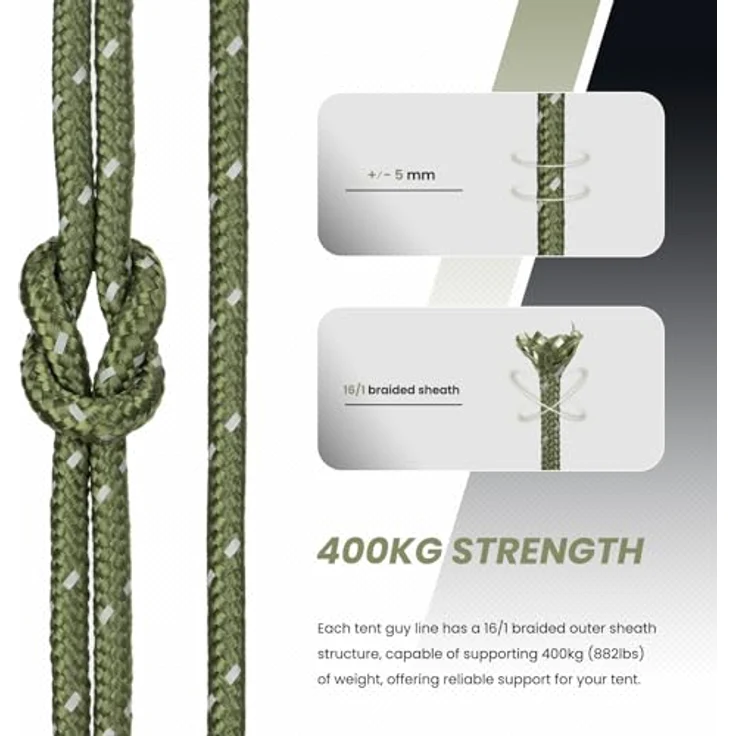 Abma Cord Zelt-Abspannseile, 30 m Zeltseil mit 6 Seilspannern, 5 mm Durchmesser, reflektierende Armee Grün, 400 kg Bruchlast – Bild 2