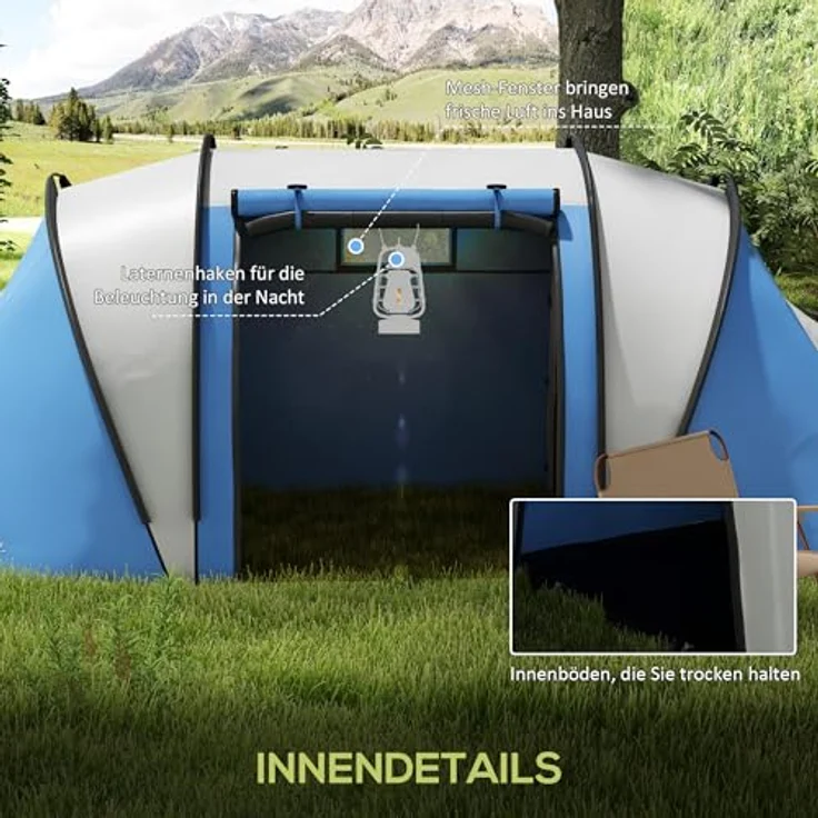 Outsunny 2-Zimmer Campingzelt für 4-5 Personen, wasserabweisend mit 3000mm Wassersäule, Tunnelzelt mit Seitentür und Fenstern, für Camping und Garten – Bild 5
