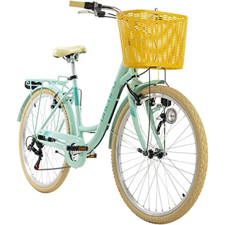 KS Cycling Damenfahrrad 26'' Cantaloupe Mint mit Korb Dacapo RH 48 cm, 6-Gang-Kettenschaltung, trendiges Design