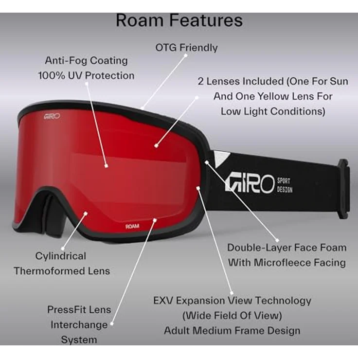 Giro Roam, Skibrille mit breitem Sichtfeld, EXV-Technologie, Anti-Fog-Beschichtung und zusätzlicher Schlechtwetter-Scheibe – Bild 3