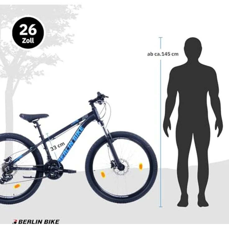 BERLIN BIKE MTB1 Mountainbike 26 Zoll, 33 cm Rahmenhöhe, hydraulische Scheibenbremsen, Shimano 21-Gang, Schwarz-Blau – Bild 8
