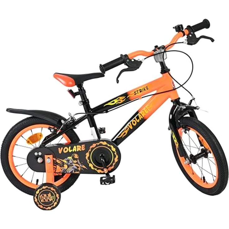 Volare Strike 14 Zoll Kinderfahrrad für Jungen – Schwarz-Orange, 2 Handbremsen, abnehmbare Stützräder, geschlossener Kettenschutz, Reflektoren vorne und hinten – Bild 1