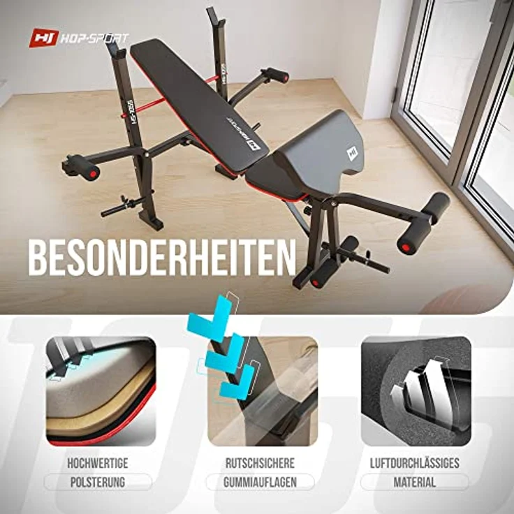 Hop-Sport klappbare Hantelbank HS-1055 mit Langhantel-Ablage, Curlpult und Butterfly- verstellbare Trainingsbank für Bankdrücken – Bild 5
