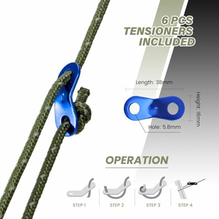 Abma Cord Abspannseile Zeltschnur, 30m Zeltseil mit 6 Seilspanner, 4mm Durchmesser, reflektierende Armee Grün, 300 kg Bruchlast, UV-beständig für Camping und Outdoor – Bild 5