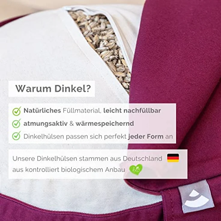 Bodhi Meditationskissen Rondo ECO | Yogakissen mit Bio Dinkelfüllung | Bezug aus 100% Baumwolle | Waschbarer Bezug mit praktischer Trageschlaufe | Höhe 20 cm (aubergine) - Preisvergleich – Bild 5