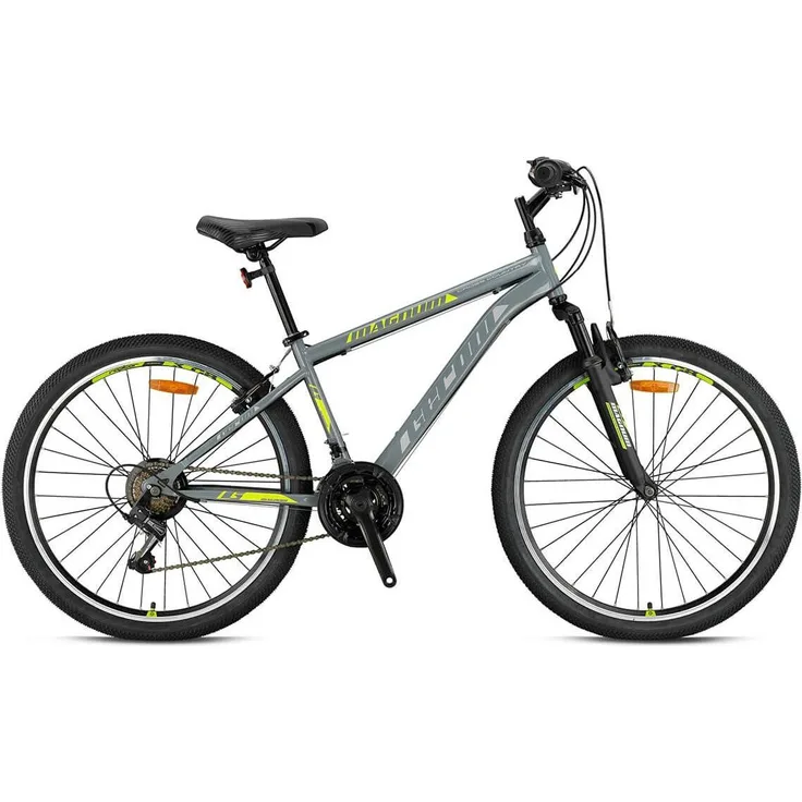 Ty-Trade 24 Zoll Mountainbike MAGNUM, Kinder MTB Fahrrad mit Federgabel, 21 Gängen, grau-gelb, für Körpergröße 130-145 cm