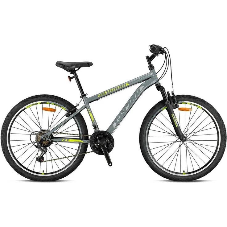 Ty-Trade 24 Zoll Mountainbike MAGNUM, Kinder MTB Fahrrad mit Federgabel, 21 Gängen, grau-gelb, für Körpergröße 130-145 cm