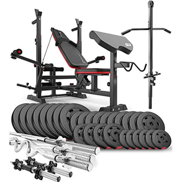 HS HOP-SPORT Hantelbank Kraftstation HS-1075, 173kg Hantelset + Latzug, verstellbare Hantelablage, Curlpult, Beinpresse, Schwarz