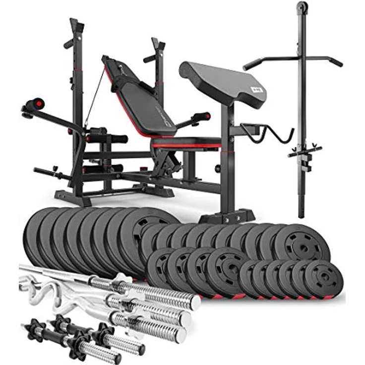HS HOP-SPORT Hantelbank Kraftstation HS-1075, 173kg Hantelset + Latzug, verstellbare Hantelablage, Curlpult, Beinpresse, Schwarz – Bild 1