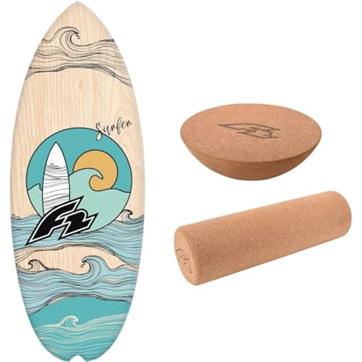 F2 Balance Board Halfshell 80x30cm, Set mit Halbkugel und Korkrolle, nachhaltige Holzbauweise, rutschfester Korkdeck – Bild 1