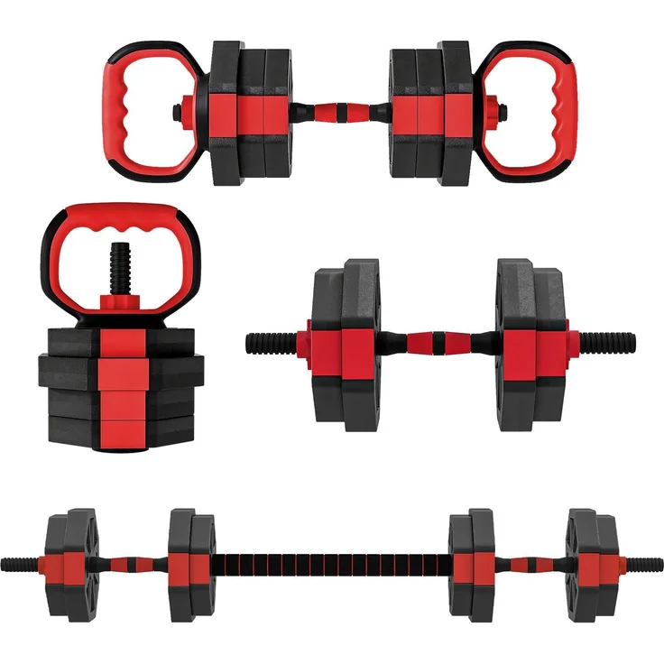 Northio Verstellbares 4-in-1-Hantelset, 15 kg für Zuhause, rot, inklusive Kurzhanteln, Langhanteln, Kettlebells und Liegestützgriffen