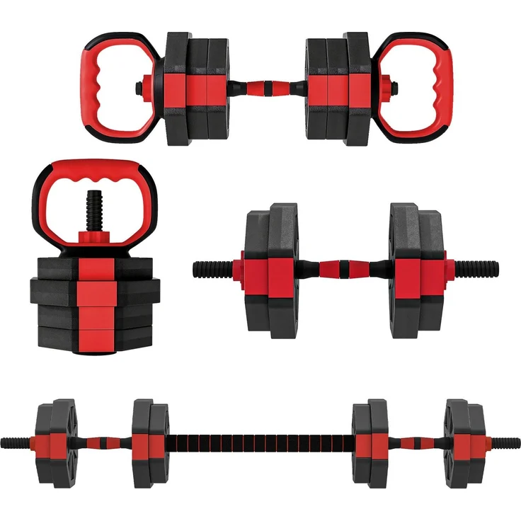 Northio Verstellbares 4-in-1-Hantelset, 15 kg für Zuhause, rot, inklusive Kurzhanteln, Langhanteln, Kettlebells und Liegestützgriffen